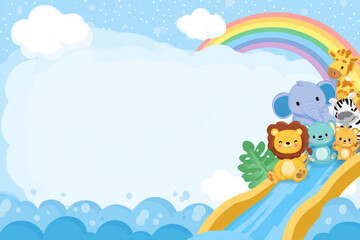 Obraz premium Children's background with a rainbow and animals on the slide. Space for text.