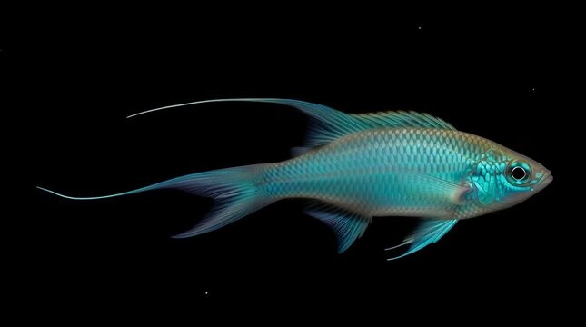 Stunning close-up of a vibrant blue and silver rainbowfish swimming gracefully against a stark black background showcasing its iridescent scales and elegant fins in captivating detail