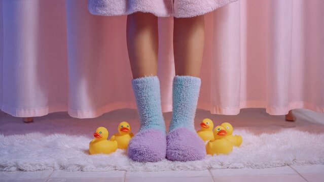 Girl Standing Near Bathtub with Rubber Ducks

