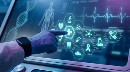 Close up of gloved hand using futuristic touchscreen with DNA strand, patient icons, and health analytics, representing biotechnology innovation, precision medicine, and digital diagnostics.