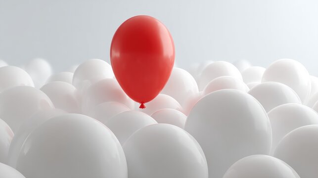 A single red balloon stands out among many white balloons