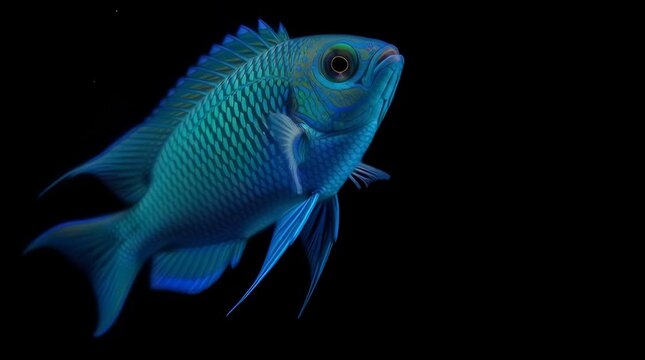 Stunning close-up of a vibrant blue and turquoise African cichlid fish swimming gracefully in dark water showcasing its intricate scale patterns and captivating eye detail