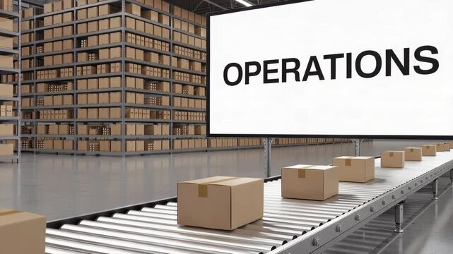 Warehouse Operations: A dynamic visual of a warehouse showcasing the streamlined process of logistics and the essential word operations displayed prominently.