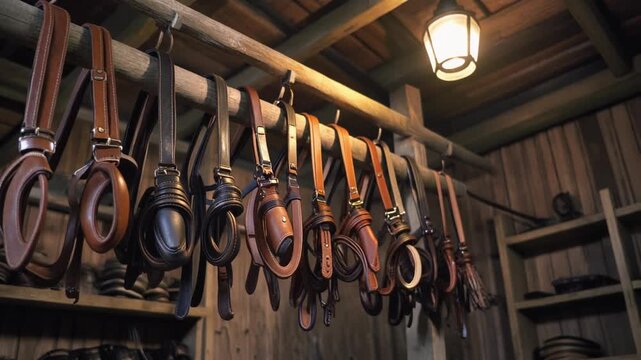 Horse bridles hanging in wooden barn.