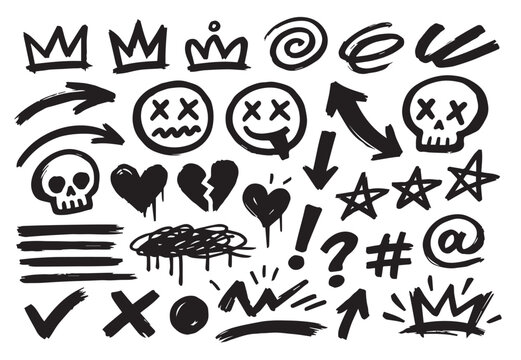 Hand Drawn Street Art Doodle Set - Grunge Graffiti Elements, Skulls, Broken Hearts, Crowns, Smiley Faces and Urban Scribbles Vector