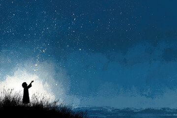 Fototapeta premium The silhouette of a child reaches for the stars. Space for text.