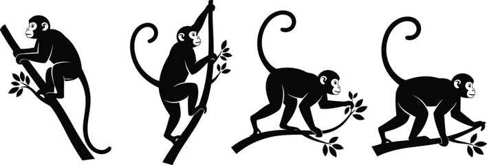 Black and white monkey silhouette vector collection featuring stylized primates climbing on tree branches and walking in various poses on white background. © IconicCreations