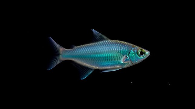 Stunning close-up of a vibrant blue emperor rasbora fish swimming gracefully in dark water showcasing its iridescent scales and peaceful aquatic life against a black background