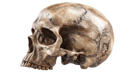 Fototapeta premium Detailed anatomical replica of a human skull, showcasing bone texture and structure in a three-quarter profile view