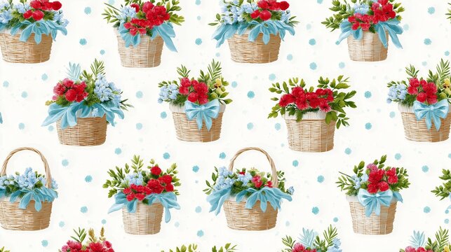Seamless pattern of floral baskets with red and blue flowers and greenery