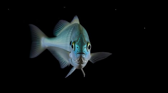 Stunning close-up of a vibrant blue sea bream swimming gracefully against a stark black background showcasing its intricate scales and captivating eye a mesmerizing underwater portrait