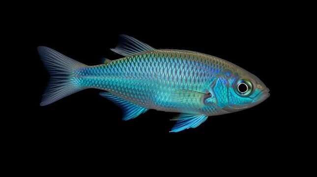 Stunning close-up of a vibrant blue rainbowfish swimming gracefully against a stark black background showcasing its iridescent scales and captivating aquatic beauty for nature documentaries