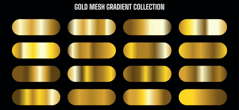 Golden metallic mesh gradient shapes collection, shiny gold oval buttons or banners, for website, app, or presentation mockup, Isolated on transparent background, png