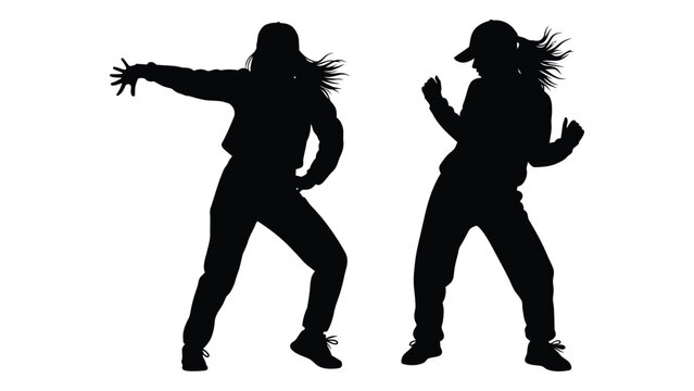 Silhouettes of two people energetically dancing and posing against a white background