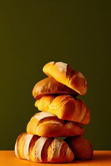 Yellow and brown bread rolls arranged on green and orange background.
