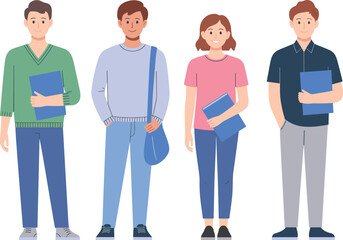 Obraz premium Student character collection with young men and woman holding books and shoulder bag, casual outfit flat vector illustration isolated on background