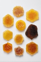 Assorted honeycombs of various shapes and shades arranged on white background with honey drips. Flat lay composition.