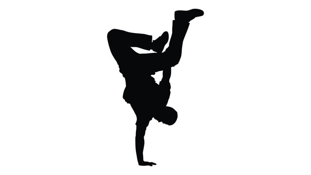 Silhouette of a person performing a handstand breakdance pose against a white background