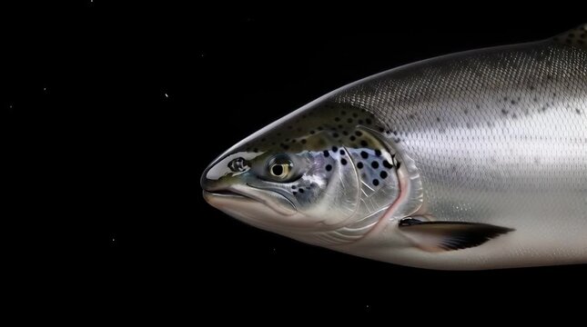 Stunning close-up of a vibrant brown trout swimming gracefully against a stark black background showcasing its intricate scales and detailed features in dramatic studio lighting