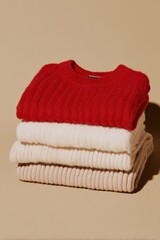 Three stacks of fabric are arranged in red, cream, and tan colors.