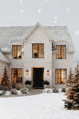 Contemporary white brick house with snow-covered roof, black window frames, Christmas trees