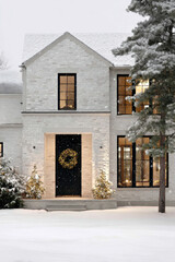 Contemporary white brick house with snow-covered roof, black window frames, Christmas trees