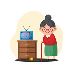 Elderly Woman in Cozy Domestic Setting, Standing with Cane and Vintage Television Illustration