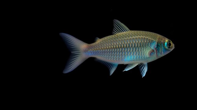 Stunning close-up of a vibrant iridescent blue Rasbora heteromorpha fish swimming gracefully against a stark black background showcasing its unique scales and captivating aquatic beauty