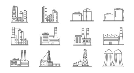 Obraz premium Set of line art industrial factory buildings, power plants, and oil refineries on isolated white background