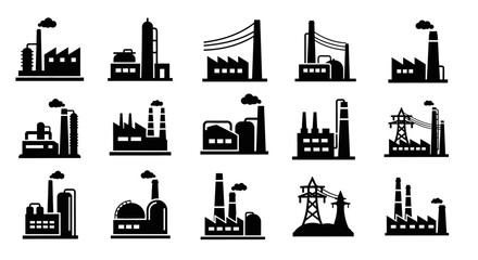 Obraz premium Set of black industrial factory buildings and power plant icons on isolated white background