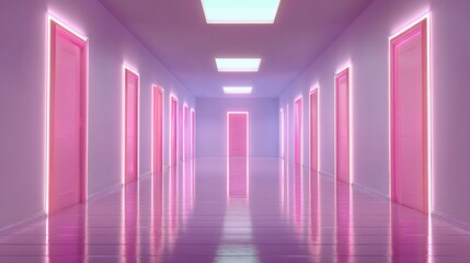 Pink neon hallway with doors