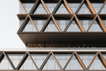 Modern building facade with shaped geometric structure and glass windows.