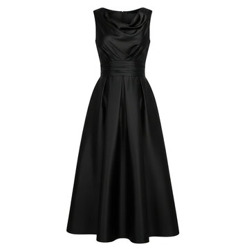 Elegant black sleeveless dress with cowl neckline, isolated on transparent background