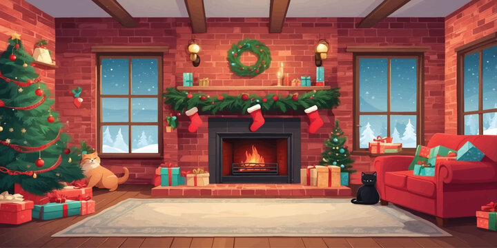 Festive Christmas Living Room Illustration with Brick Fireplace, Decorated Christmas Tree, Holiday Wreath, Hanging Stockings, Wrapped Gifts and Cozy Sofa Winter Interior Design