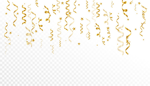 Golden Streamers and Stars Overlay Collection Featuring Hanging Curly Ribbons, Decorative Sparkles, and Festive Celebration Design for Party Invitations, Announcements, and Modern Graphics