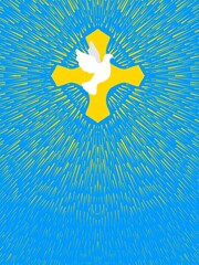 Web banner religioso azzurro cielo Paradiso. Colomba Bianca. Luce Croce Raggiante. Pentecoste. Annunciazione. Pasqua. Natale. Bokeh, stelle, sole. Raggio di luce magica. Sfondo azzurro