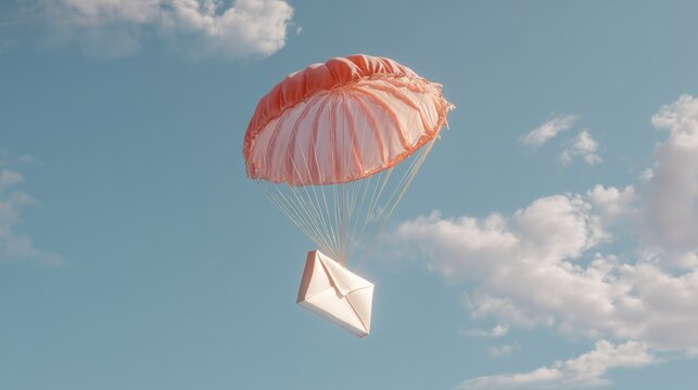 A pastel pink parachute carries a white envelope aloft in a light blue sky
