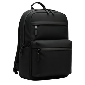 High-quality black backpack with multiple compartments isolated on transparent background