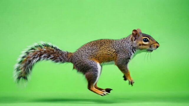Alert squirrel poised to leap on green screen background