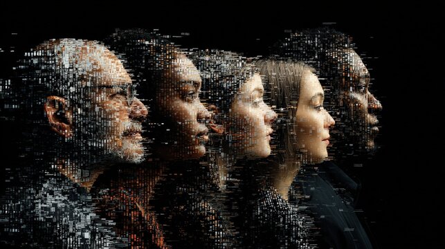 Digital Portraits: A series of faces in profile, rendered through a digital pixelation effect, illustrating the concept of data and identity in the digital age.