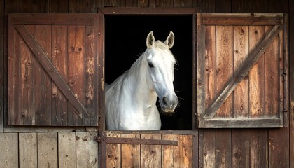 White horse head poking from barn window, wooden door frames