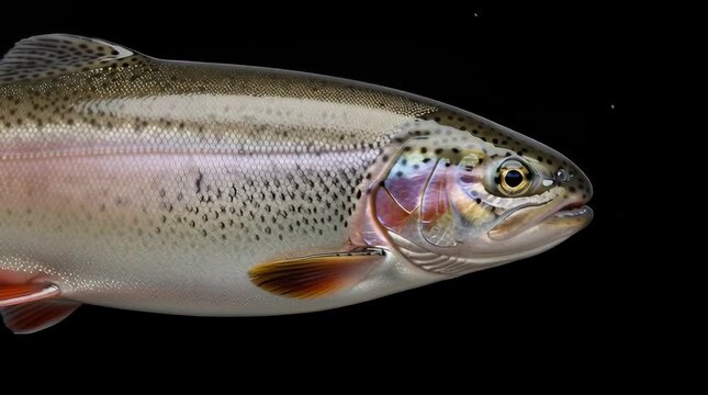 Stunning close-up of a vibrant rainbow trout isolated against a black background showcasing its intricate scales and detailed features a captivating underwater wildlife portrait