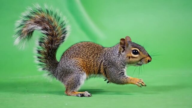 Squirrel paused in action on a bright green screen backdrop