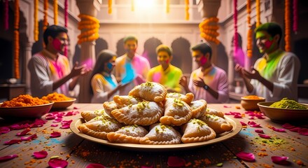 A vibrant scene of people celebrating the Indian festival of Holi with colorful powder, traditional sweets like Gujiya, and marigold decorations in a festive setting.