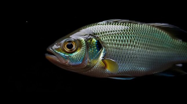 Stunning close-up of a vibrant sheepshead fish swimming gracefully against a stark black background showcasing its intricate scales and unique markings with dramatic lighting