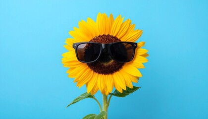 A cheerful sunflower wears sleek black sunglasses, radiating playful summer vibes against bright blue backdrop, blending nature&rsquo;s warmth with humor, positivity, and carefree seasonal energy.