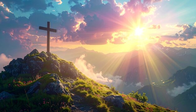 Wooden cross atop a mountain at sunset, with golden sunrays piercing