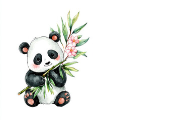 Obraz premium Cute watercolor panda with bamboo and cherry blossoms. Space for text.