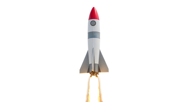 3D silver rocket launching with red nose cone and orange flames isolated on transparent background