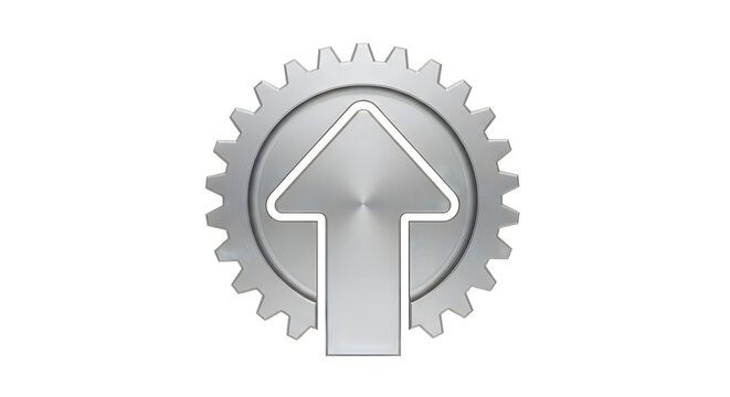 Silver metallic gear icon with teeth and center hole isolated on transparent background